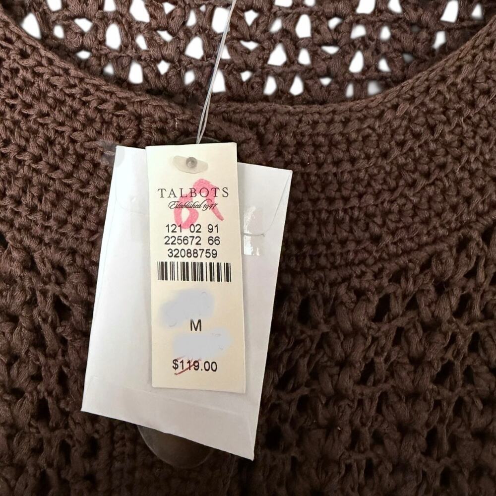 Talbots Hand-Knit Crochet Cardigan Women’s Medium Chocolate Brown Fall NEW - Picture 5 of 5